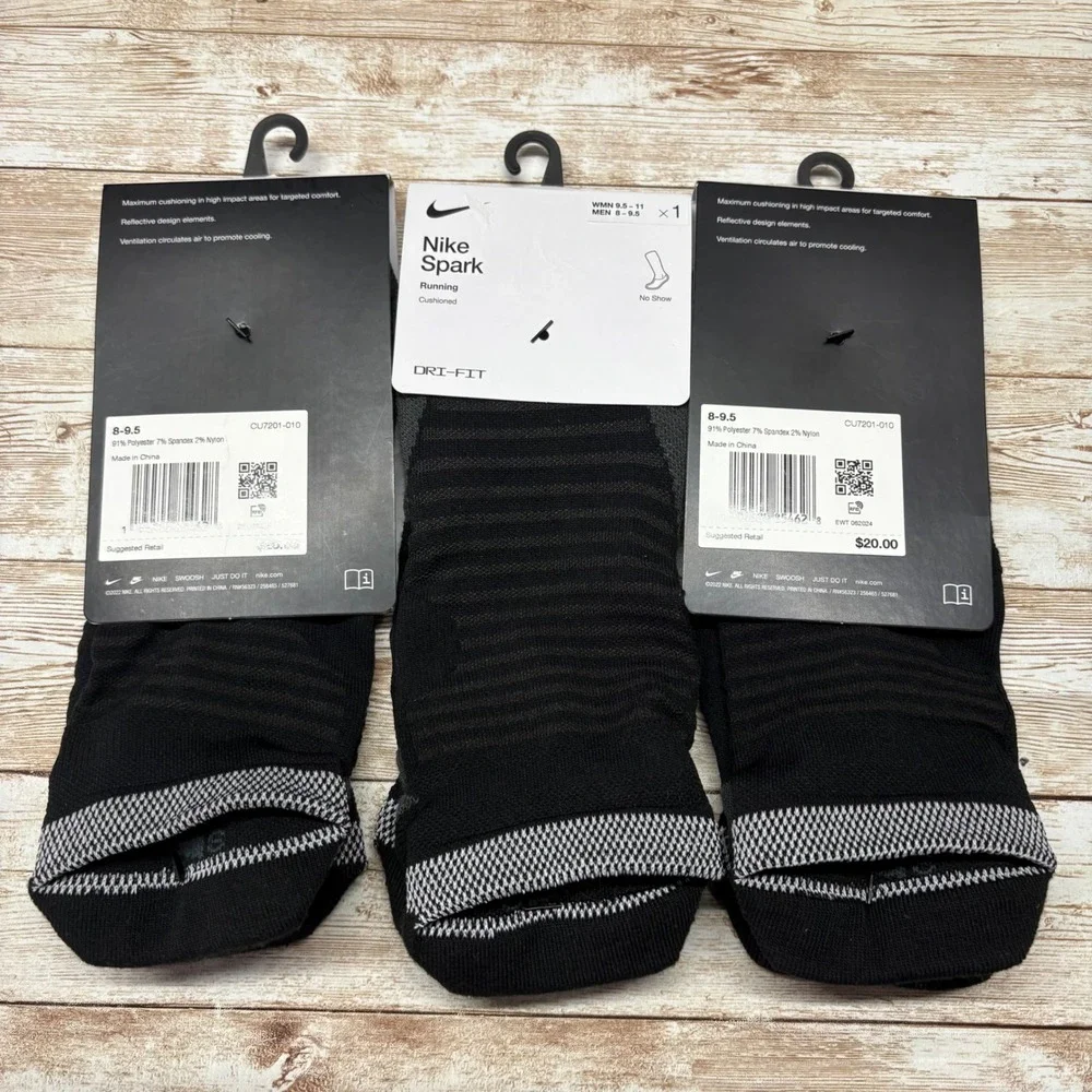 Nike Spark‎ Running Socks Mens 8-9.5 Black No Show Cushioned Dri-FIT 3 Pairs